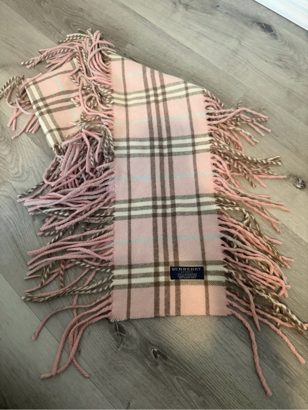 Burberry Pink Cashmere Plaid Check Fringe Scarf - Picture 2 of 7